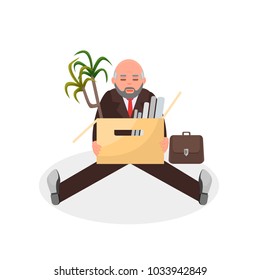 Aged bald man sitting with his office staff after resignation confused. Vector illustration colorful isolated on white background