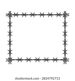 Aged barbed wire arranged as a complete frame and separate corner pieces on white. Suitable for grunge design, borders, and vintage layouts.