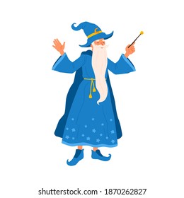 Aged bearded mage conjure with magic wand. Portrait of old magician practicing wizardry. Cute wise sorcerer in magical costume. Flat vector cartoon illustration of funny wizard isolated on white