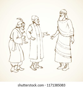 Aged bearded noble babylonia chaldean in middle east sumer semitic Aramean judaic attire: linen tunic, old hat, boots with laces. Line ink hand drawn phoenician talk picture in retro engraved style