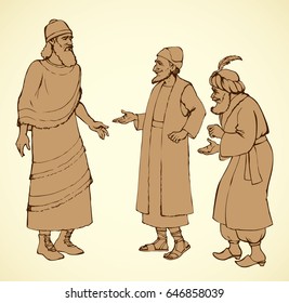 Aged bearded noble chaldean in middle east sumer semitic Aramean biblical attire: linen tunic with fringes, old hat, leather boots with laces. Outline ink hand drawn sketch in vintage engraving style