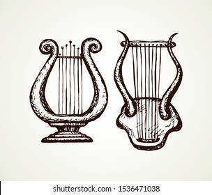 Aged big folk celtic golden Lire icon isolated on white background. Freehand line ink hand drawn musical logo emblem pictogram in artistic doodle roman style pen on paper space for text. Closeup view