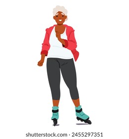 Aged Black Woman Wearing Sportswear, Rollerblading And Giving Smiling Isolated on White Background. Old Female Character Engages in Healthy and Active Lifestyle. Cartoon People Vector Illustration