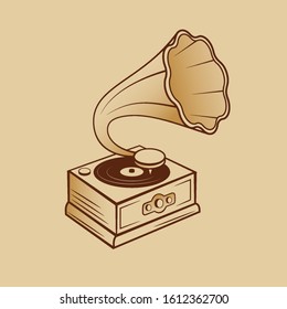 Aged Brass Gramophone Isolated on the Cartoon Style Pen on old Paper. Trendy Design Element for Posters, Web and Coloring Page