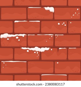 Aged Brick Wall Covered with Snow, Christmas Square Background. Cartoon Orange Building Backdrop for Game Design, Print, Textile and more.