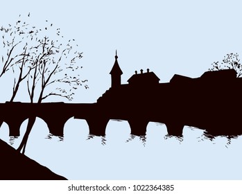 Aged bridgework road on lake district scene. Dark black ink hand drawn picture icon sign logo in art retro contour print style. Panoramic scenic view with space for text on white sky