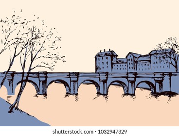 Aged bridgework road on lake district scene. Freehand line black ink hand drawn picture sketchy in art retro doodle style pen on paper. Panoramic scenic view with space for text on pink evening sky