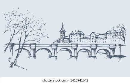 Aged bridgework road on lake district scene. Freehand line black ink hand drawn picture sketchy in art retro doodle contour style pen on paper. Panoramic scenic view with space for text on white sky