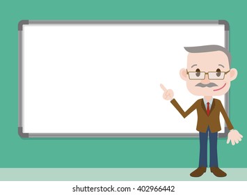 aged business man character pointing whiteboard, vector illustration