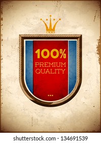 Aged card with 100 percent quality shield label