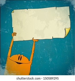 Aged card with creature displaying empty torn paper