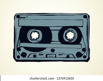 Aged casette design set on white backdrop. Freehand outline black ink hand drawn 90s pop audiocassette object logo pictogram badge sketchy in rock doodle style on paper space for text. Closeup view