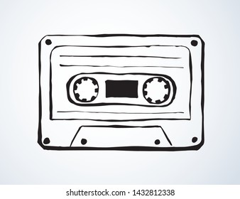 Aged casette design set on white backdrop. Freehand outline black ink hand drawn 90s pop audiocassette object logo pictogram badge sketchy in rock doodle style on paper space for text. Closeup view