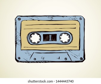 Aged casette design set on white backdrop. Freehand outline black ink hand drawn 90s pop audiocassette object logo pictogram badge sketchy in rock doodle style on paper space for text. Closeup view