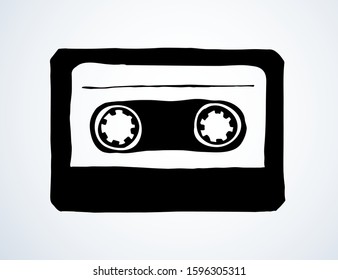 Aged casette design set on white backdrop. Freehand outline black ink hand drawn 90s pop audiocassette object logo pictogram badge sketchy in rock doodle style on paper space for text. Closeup view