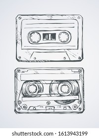 Aged casette design set on white backdrop. Freehand outline black ink hand drawn 90s pop audiocassette object logo pictogram badge sketchy in rock doodle style on paper space for text. Closeup view