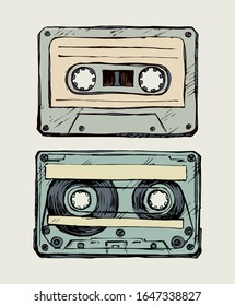 Aged casette design set on white backdrop. Freehand outline black ink hand drawn 90s pop audiocassette object logo pictogram badge sketchy in rock doodle style on paper space for text. Closeup view