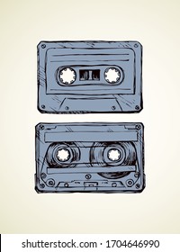 Aged casette design set on white backdrop. Freehand outline black ink hand drawn 90s pop audiocassette object logo pictogram badge sketchy in rock doodle style on paper space for text. Closeup view