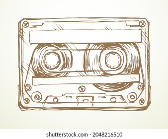 Aged casette design set on white backdrop. Freehand outline black ink hand drawn 90s pop audiocassette object logo pictogram badge sketchy in rock doodle style on paper space for text. Closeup view