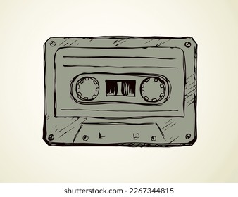 Aged casette design set on white backdrop. Freehand outline black ink hand drawn 90s pop audiocassette object logo pictogram badge sketchy in rock doodle style on paper space for text. Closeup view