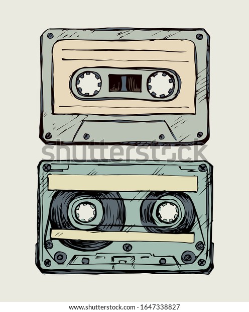 Aged casette design set on white backdrop. Freehand\
outline black ink hand drawn 90s pop audiocassette object logo\
pictogram badge sketchy in rock doodle style on paper space for\
text. Closeup view