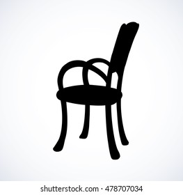 Aged chair isolated on white backdrop. Black ink hand drawn picture sketchy in art engraving style. View closeup with space for text