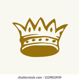 Aged classic luxury wealth noble corona hat award isolated on white backdrop. Freehand outline ink hand drawn picture sketchy in retro art scribble style pen on paper. Closeup view with space for text
