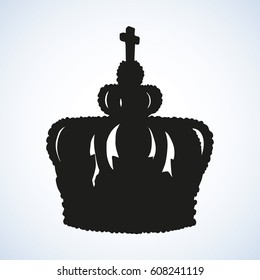 Aged classic luxury wealth noble corona hat award isolated on white backdrop. Dark ink drawn picture in retro art style. Closeup view with space for text