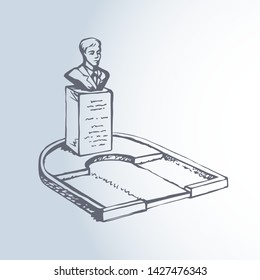 Aged classic marble religion cemetary rip site design on white yard place backdrop. Line black ink hand drawn politician funer logo pictogram in retro artistic doodle style pen on paper space for text
