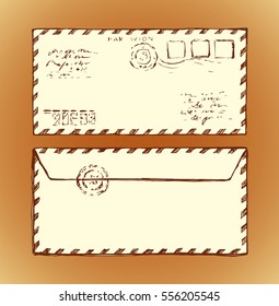 Aged common stripe packaging item set isolated on brown backdrop. Freehand outline ink pen hand drawn picture sketchy in scribble retro graphic style. Closeup view with space for text