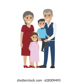 Aged couple and grandson with granddaughter isolated. Happy senior man and woman together with grandchildren. Middle aged couple. Older man and woman having fun. Senility old aged vector illustration