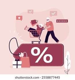 Aged couple on shopping, black friday. Sales, promotions, advertising company. Grandparents running on giant discount tag. Elderly people consumers with shopping trolley and bags. vector illustration