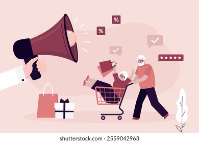 Aged couple on shopping, black friday. Sales, promotions, advertising company. Grandparents running to giant loudspeaker. Elderly people consumers with shopping trolley and bags. vector illustration