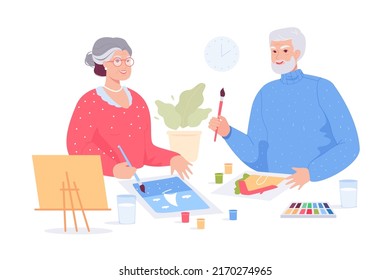 Pareja mayor pintando juntos durante la clase de arte. Hombre y mujer adulto en estudio de arte ilustración vectorial plana. Envejecimiento activo, arte, ocio, hobbies concepto de banner, diseño de sitios web o página web de aterrizaje