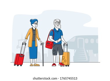 Aged Couple Voyage. Senior Male Female Tourist Characters with Luggage Boarding on Airplane for Trip, Elderly Traveling People with Baggage Going to Foreign Country. Linear People Vector Illustration