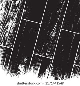 Aged dried board creative element. Grunge old wood black cover template. Wooden dry planks diagonal distressed overlay texture with knot. Weathered rural grainy timber backdrop. EPS10 vector.