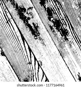 Aged dried board creative element. Grunge old wood black cover template. Wooden dry planks diagonal distressed overlay texture with knot. Weathered rural grainy timber backdrop. EPS10 vector.