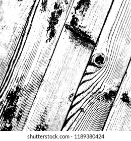 Aged dried board creative element. Grunge old wood black cover template. Wooden dry planks diagonal distressed overlay texture with knot. Weathered rural grainy timber backdrop. EPS10 vector.