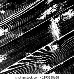 Aged dried board creative element. Grunge old wood black cover template. Wooden dry planks diagonal distressed overlay texture with knot. Weathered rural grainy timber backdrop. EPS10 vector.