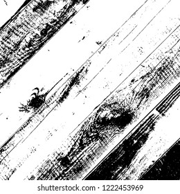 Aged dried board creative element. Grunge old wood black cover template. Wooden dry planks diagonal distressed overlay texture with knot. Weathered rural grainy timber backdrop. EPS10 vector.