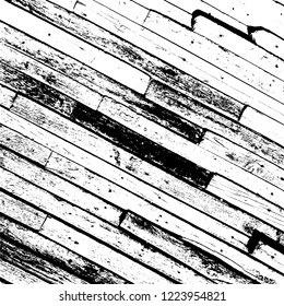 Aged dried board creative element. Grunge old wood black cover template. Wooden dry planks diagonal distressed overlay texture with knot. Weathered rural grainy timber backdrop. EPS10 vector.