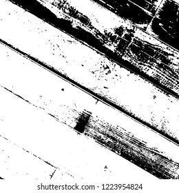 Aged dried board creative element. Grunge old wood black cover template. Wooden dry planks diagonal distressed overlay texture with knot. Weathered rural grainy timber backdrop. EPS10 vector.