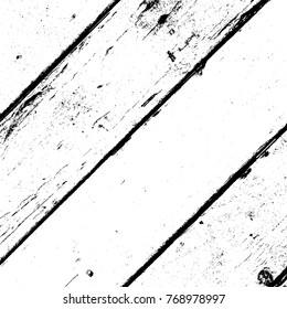 Aged dried board creative element. Grunge old wood black cover template. Wooden dry planks diagonal distressed overlay texture with knot. Weathered rural grainy timber backdrop. EPS10 vector.