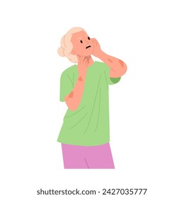 Aged elderly woman cartoon character feeling stress an unwell suffering from psoriasis skin disease