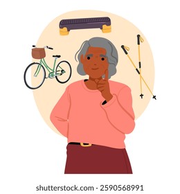 Aged elderly woman cartoon character in thoughts choosing sport activity for happy retirement vector illustration. Senior female selecting between Nordic walking, step aerobic fitness and bicycling