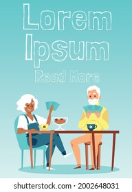 Aged family couple or elderly friends play in cards game sitting at table and drink coffee. People spend time together at home or retirement center. Flat cartoon vector illustration