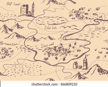 Aged fantasy vintage seamless map with mountains, buildings, trees, hills, river. Hand drawn fairytale historic treasure map. Seamless background, vector.