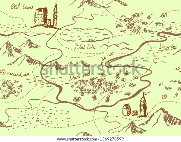 山 建物 木 丘 川を含む古いファンタジー ビンテージのシームレスな地図 手描きのおとぎ話の歴史的な宝物の地図 シームレスなテクスチャ背景 ベクター画像 のベクター画像素材 ロイヤリティフリー 1369278599