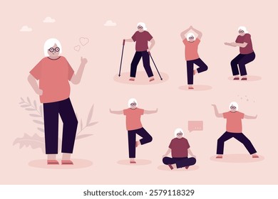 Aged female character practicing yoga, meditation and stretching. Set of multi ethnic elderly women active healthy lifestyle. Sports activities, retirement concept. flat vector illustration