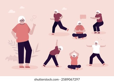 Aged female character practicing yoga, meditation and stretching. Set of multi ethnic elderly women active healthy lifestyle. Sports activities, retirement concept. flat vector illustration